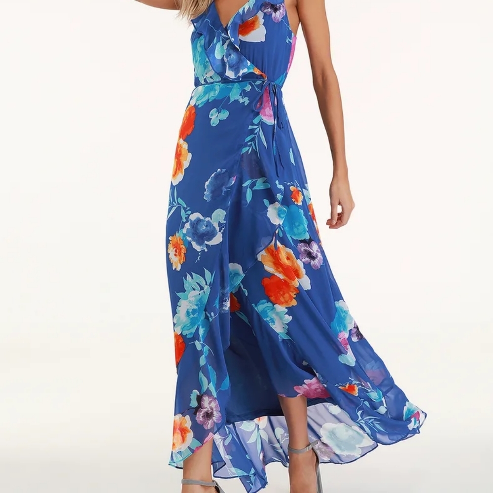 NWT LULUS ROYAL BLUE FLORAL PRINT RUFFLED MAXI DRESS